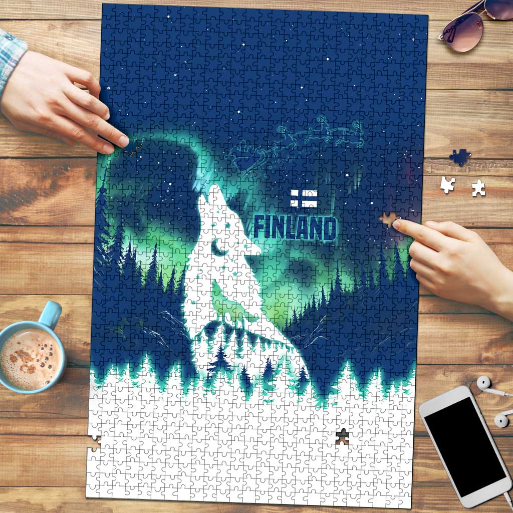 Finland Christmas Puzzle with Howling Wolf Northern Lights Forest and Snow Design - Wonder Print Shop