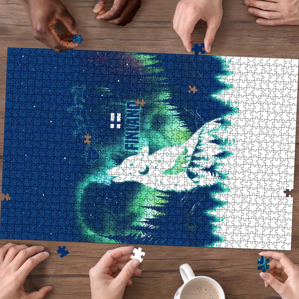 Finland Christmas Puzzle with Howling Wolf Northern Lights Forest and Snow Design - Wonder Print Shop