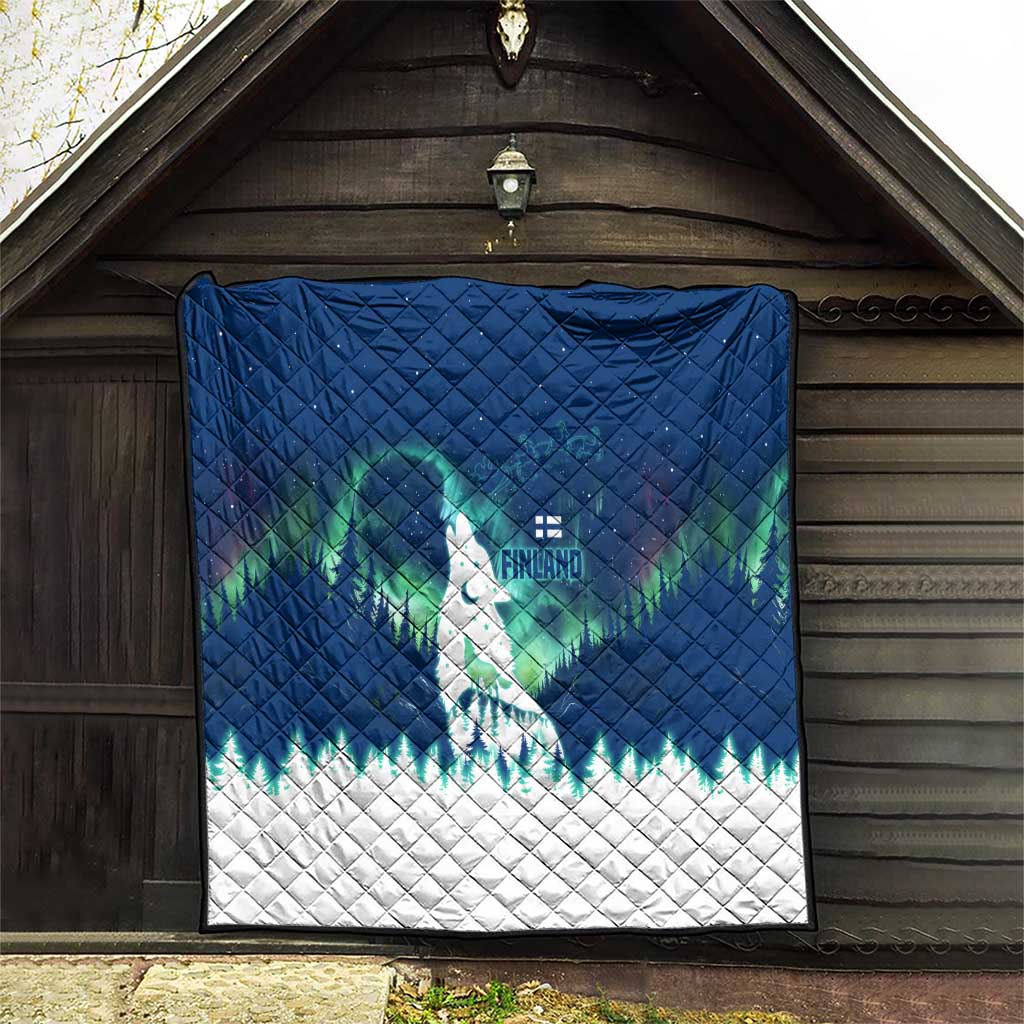 Finland Christmas Quilt with Howling Wolf Northern Lights Forest and Snow Design - Wonder Print Shop