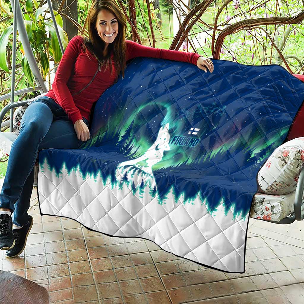 Finland Christmas Quilt with Howling Wolf Northern Lights Forest and Snow Design - Wonder Print Shop