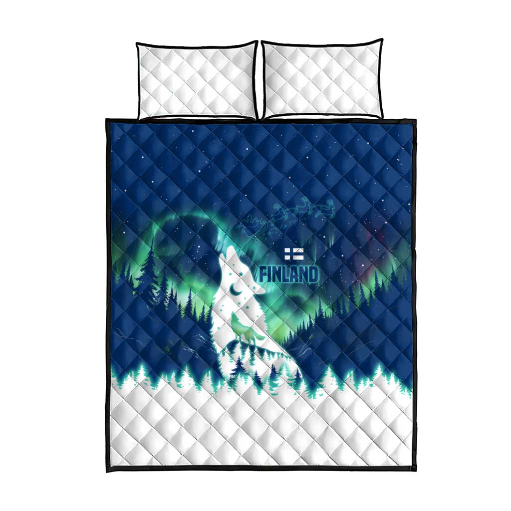 Finland Christmas Quilt Bed Set with Howling Wolf Northern Lights Forest and Snow Design - Wonder Print Shop