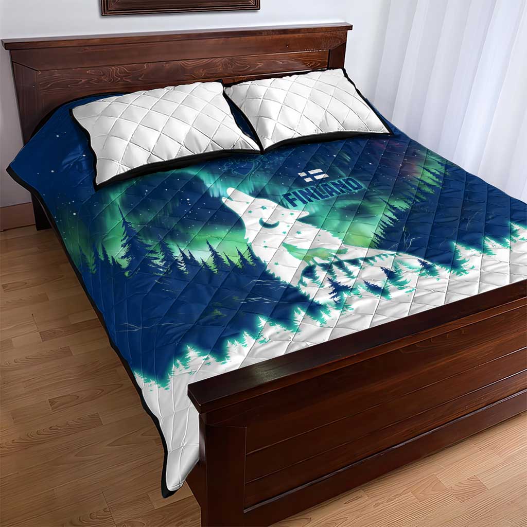 Finland Christmas Quilt Bed Set with Howling Wolf Northern Lights Forest and Snow Design - Wonder Print Shop