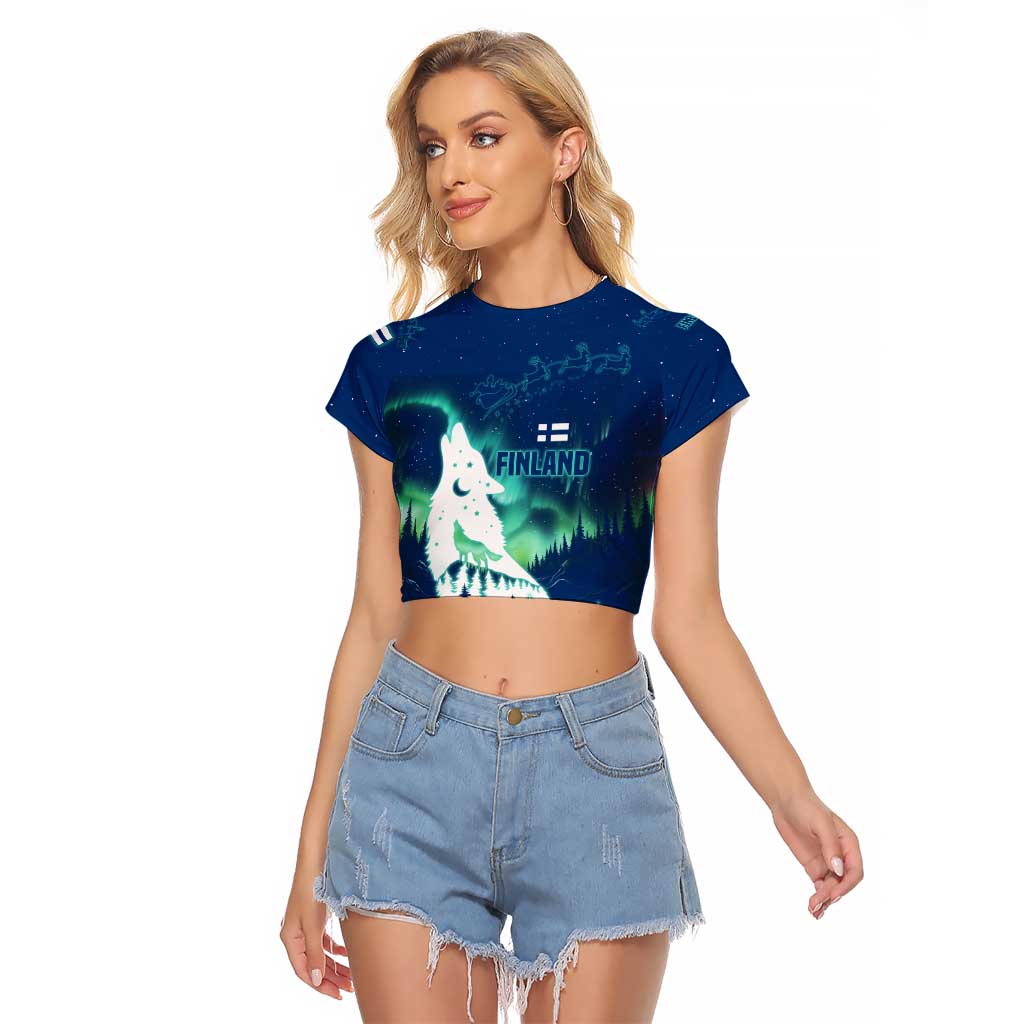 Finland Christmas Raglan Cropped T Shirt with Howling Wolf Northern Lights Forest and Snow Design - Wonder Print Shop