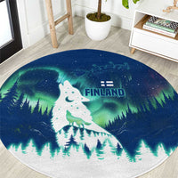 Finland Christmas Round Carpet with Howling Wolf Northern Lights Forest and Snow Design - Wonder Print Shop