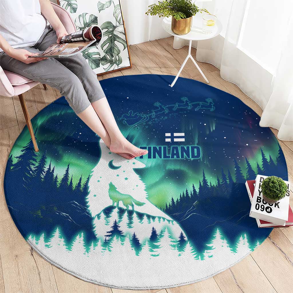Finland Christmas Round Carpet with Howling Wolf Northern Lights Forest and Snow Design - Wonder Print Shop