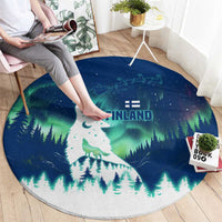 Finland Christmas Round Carpet with Howling Wolf Northern Lights Forest and Snow Design - Wonder Print Shop