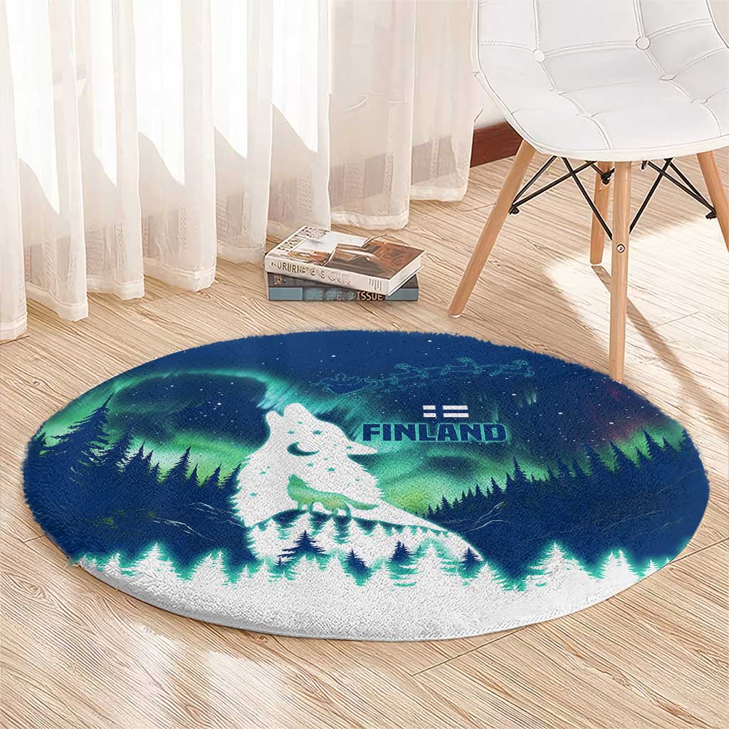 Finland Christmas Round Carpet with Howling Wolf Northern Lights Forest and Snow Design - Wonder Print Shop