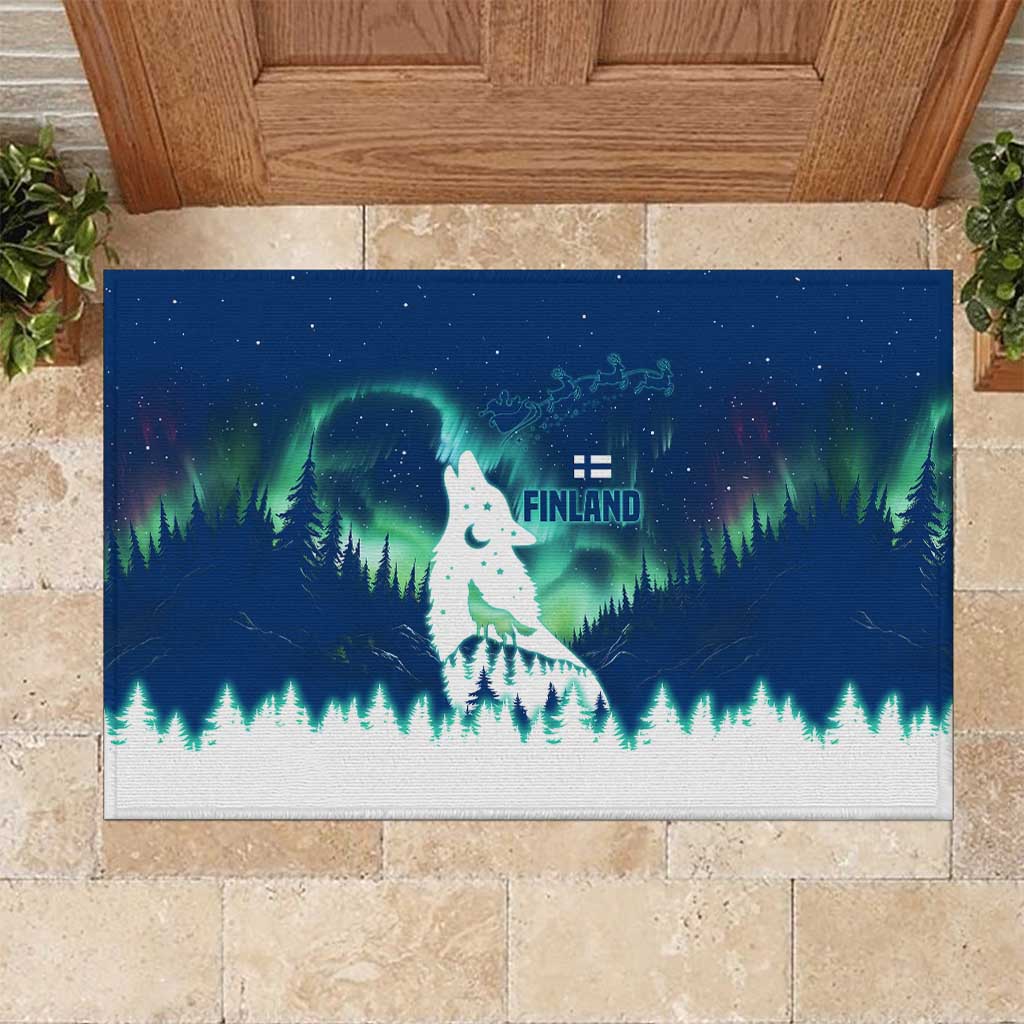 Finland Christmas Rubber Doormat with Howling Wolf Northern Lights Forest and Snow Design - Wonder Print Shop