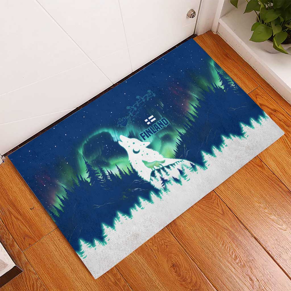 Finland Christmas Rubber Doormat with Howling Wolf Northern Lights Forest and Snow Design - Wonder Print Shop