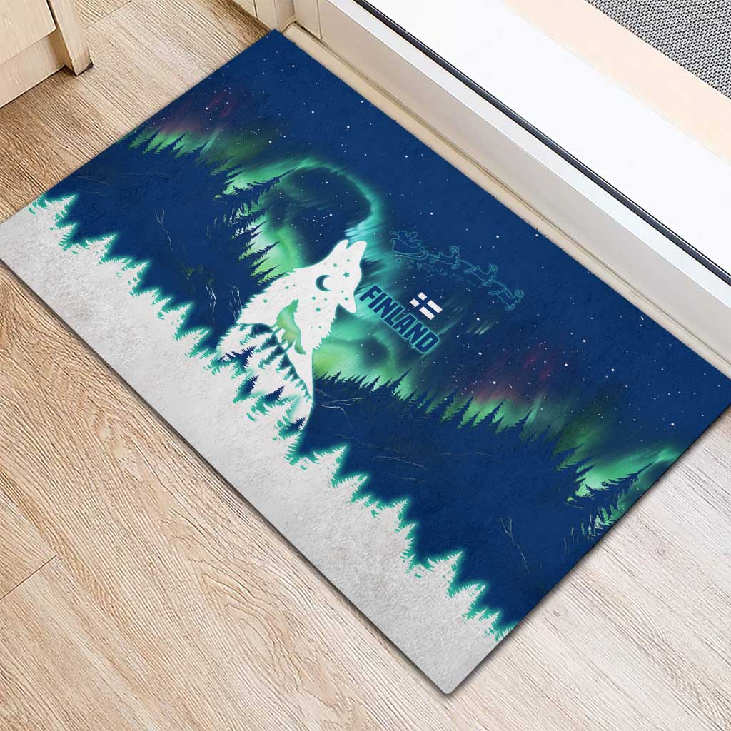 Finland Christmas Rubber Doormat with Howling Wolf Northern Lights Forest and Snow Design - Wonder Print Shop