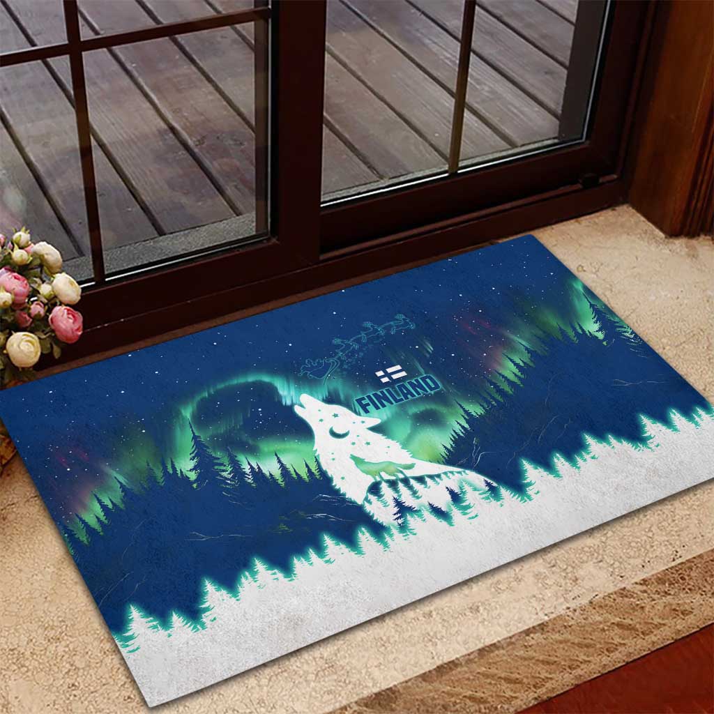 Finland Christmas Rubber Doormat with Howling Wolf Northern Lights Forest and Snow Design - Wonder Print Shop