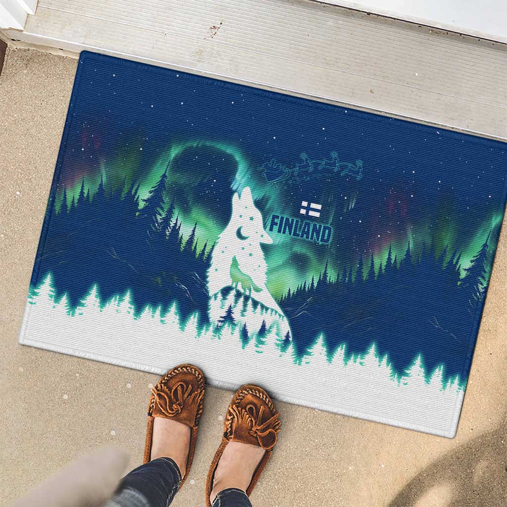 Finland Christmas Rubber Doormat with Howling Wolf Northern Lights Forest and Snow Design - Wonder Print Shop