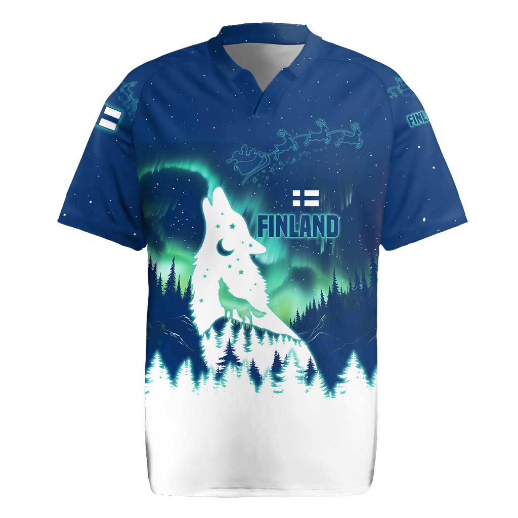 Finland Christmas Rugby Jersey with Howling Wolf Northern Lights Forest and Snow Design - Wonder Print Shop