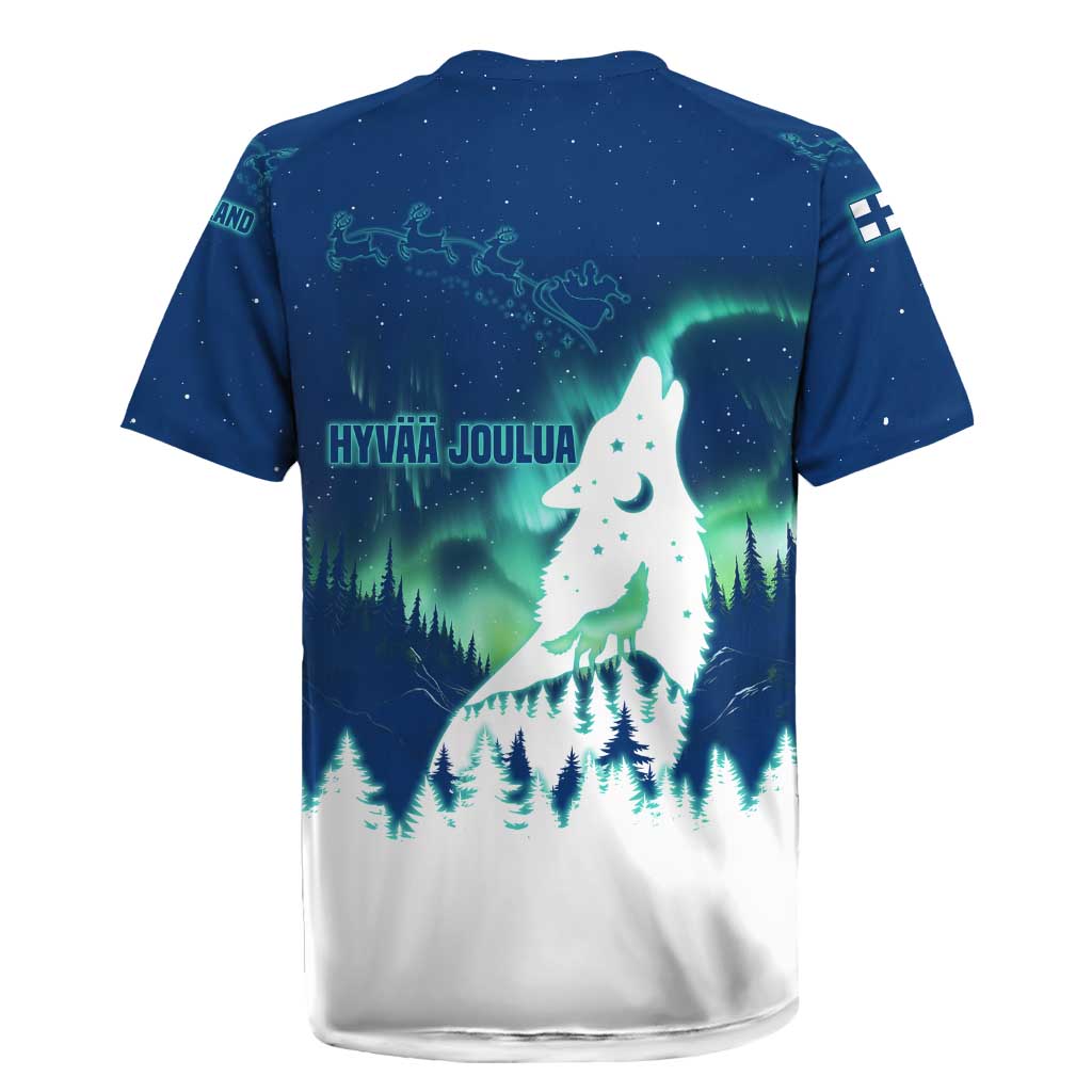 Finland Christmas Rugby Jersey with Howling Wolf Northern Lights Forest and Snow Design - Wonder Print Shop