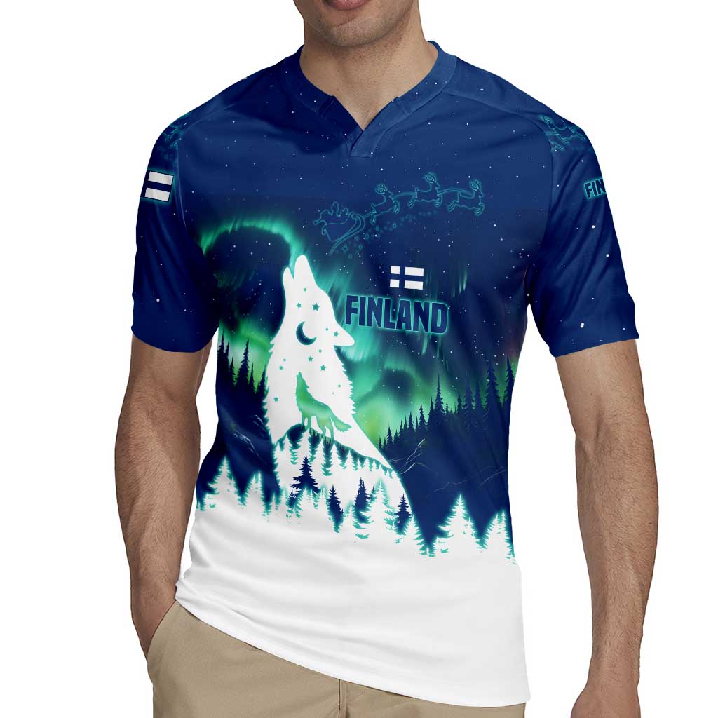 Finland Christmas Rugby Jersey with Howling Wolf Northern Lights Forest and Snow Design - Wonder Print Shop