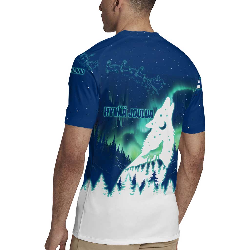 Finland Christmas Rugby Jersey with Howling Wolf Northern Lights Forest and Snow Design - Wonder Print Shop