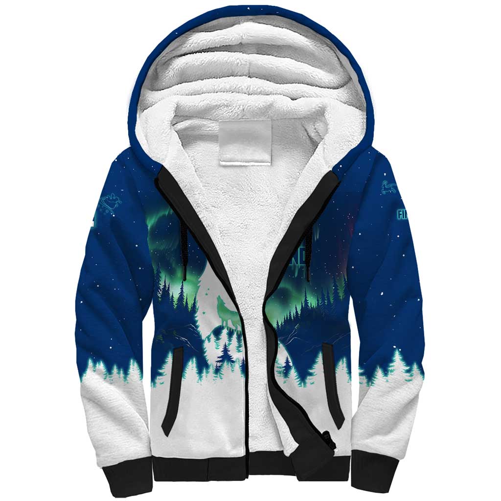 Finland Christmas Sherpa Hoodie with Howling Wolf Northern Lights Forest and Snow Design - Wonder Print Shop