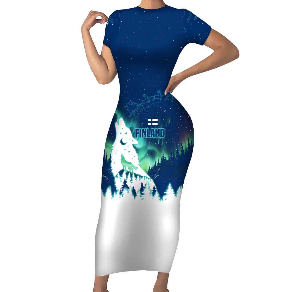Finland Christmas Short Sleeve Bodycon Dress with Howling Wolf Northern Lights Forest and Snow Design - Wonder Print Shop