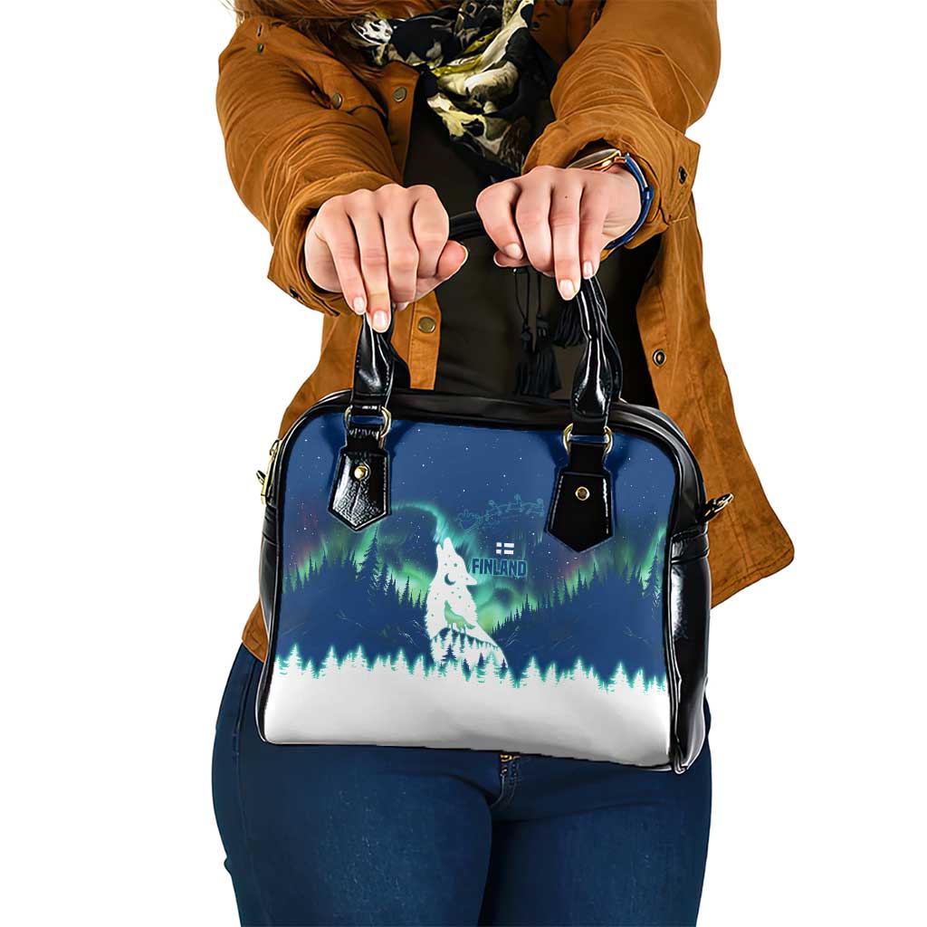 Finland Christmas Shoulder Handbag with Howling Wolf Northern Lights Forest and Snow Design - Wonder Print Shop