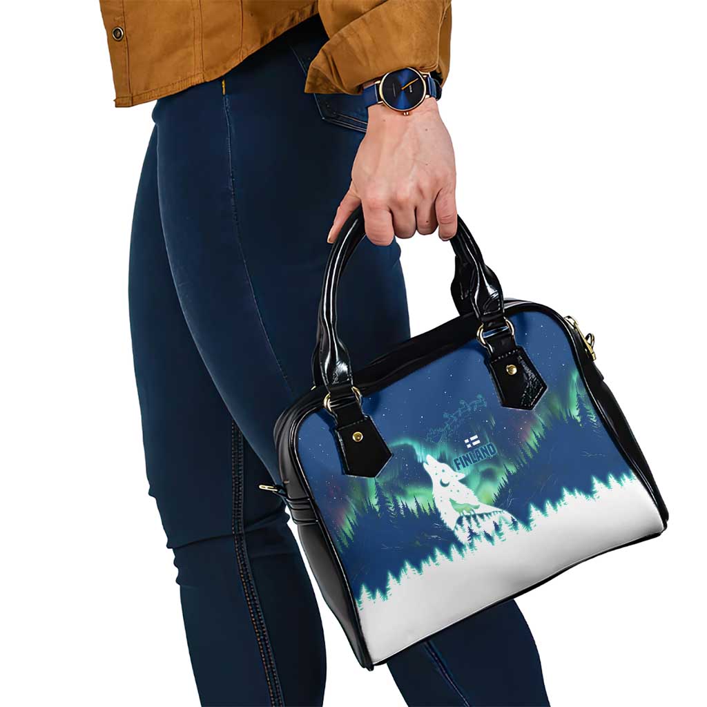 Finland Christmas Shoulder Handbag with Howling Wolf Northern Lights Forest and Snow Design - Wonder Print Shop
