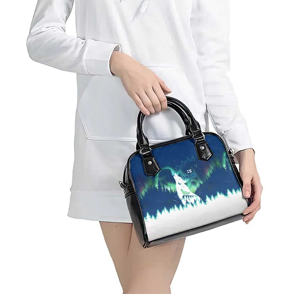 Finland Christmas Shoulder Handbag with Howling Wolf Northern Lights Forest and Snow Design - Wonder Print Shop