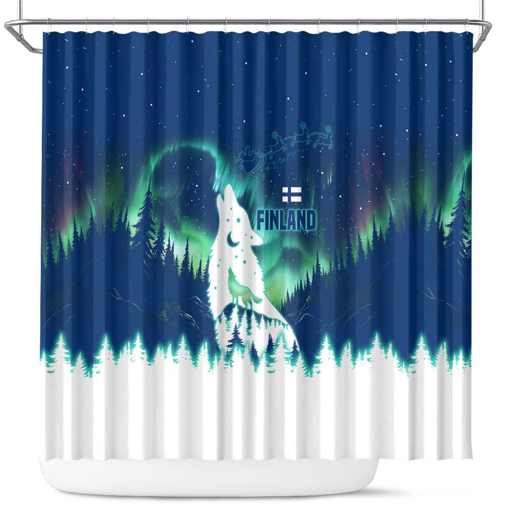 Finland Christmas Shower Curtain with Howling Wolf Northern Lights Forest and Snow Design - Wonder Print Shop