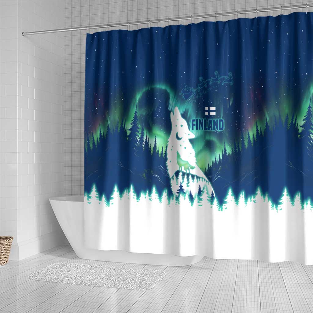 Finland Christmas Shower Curtain with Howling Wolf Northern Lights Forest and Snow Design - Wonder Print Shop