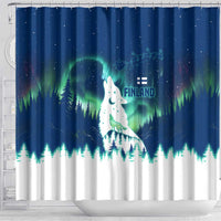 Finland Christmas Shower Curtain with Howling Wolf Northern Lights Forest and Snow Design - Wonder Print Shop