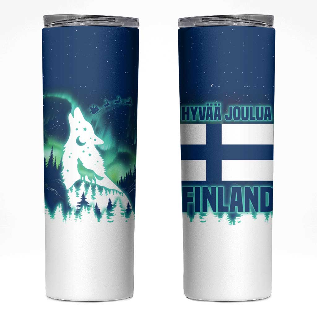 Finland Christmas Skinny Tumbler with Howling Wolf Northern Lights Forest and Snow Design - Wonder Print Shop