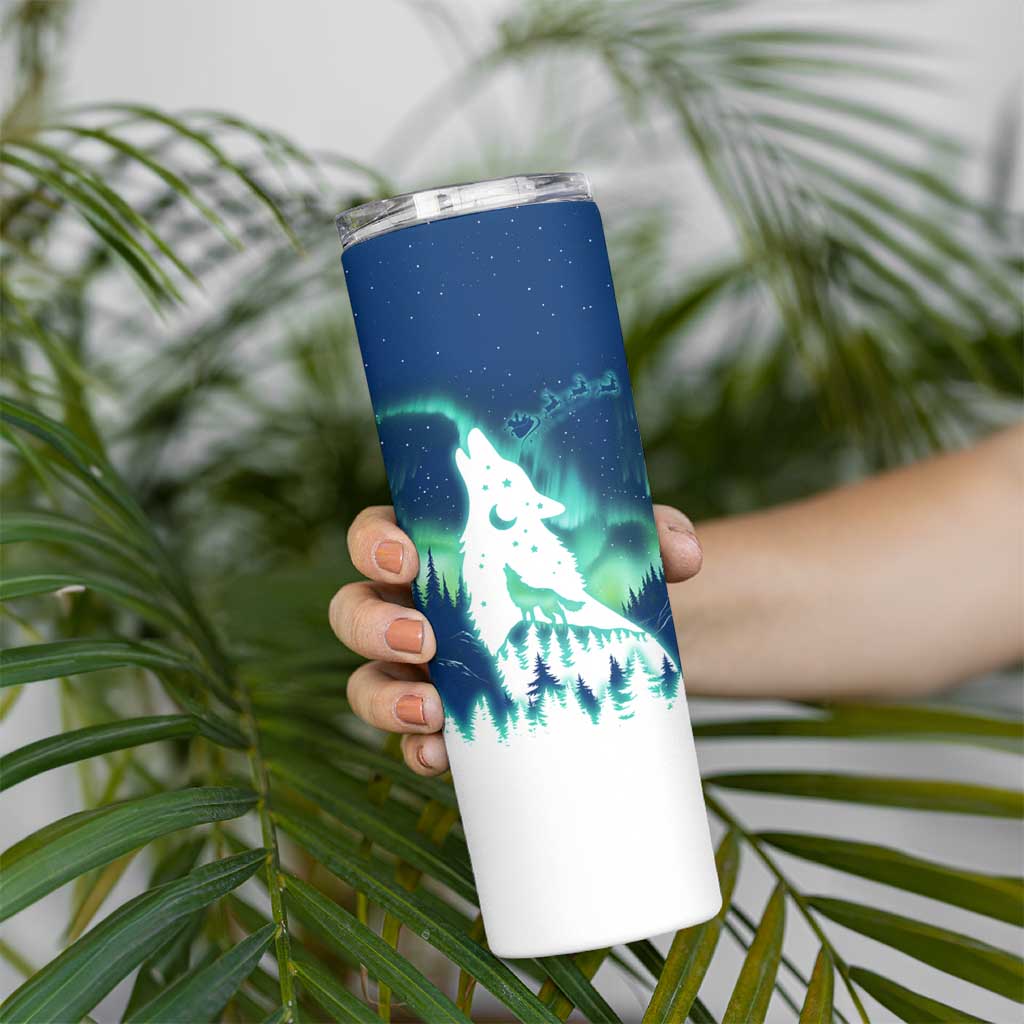 Finland Christmas Skinny Tumbler with Howling Wolf Northern Lights Forest and Snow Design - Wonder Print Shop
