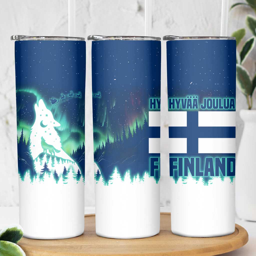 Finland Christmas Skinny Tumbler with Howling Wolf Northern Lights Forest and Snow Design - Wonder Print Shop