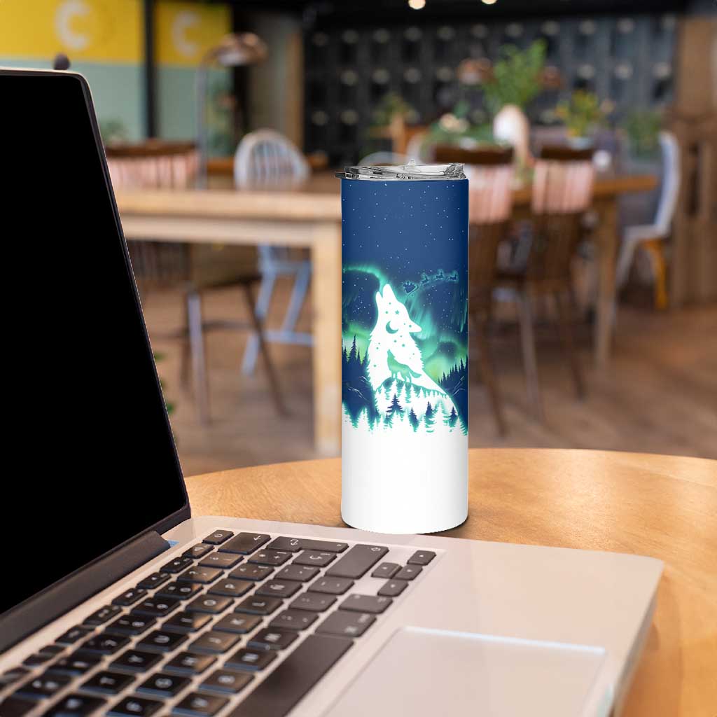 Finland Christmas Skinny Tumbler with Howling Wolf Northern Lights Forest and Snow Design - Wonder Print Shop