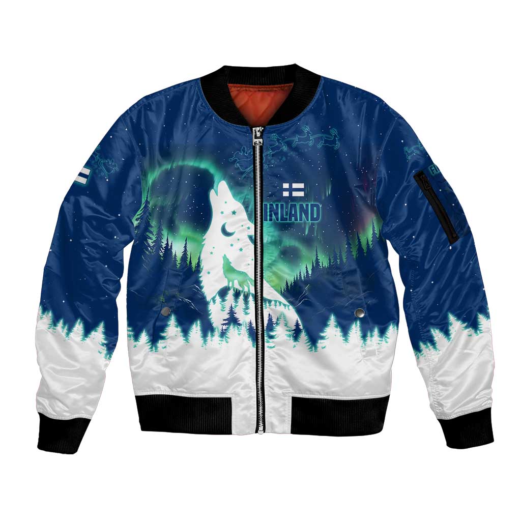 Finland Christmas Sleeve Zip Bomber Jacket with Howling Wolf Northern Lights Forest and Snow Design - Wonder Print Shop