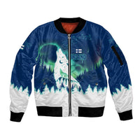Finland Christmas Sleeve Zip Bomber Jacket with Howling Wolf Northern Lights Forest and Snow Design - Wonder Print Shop
