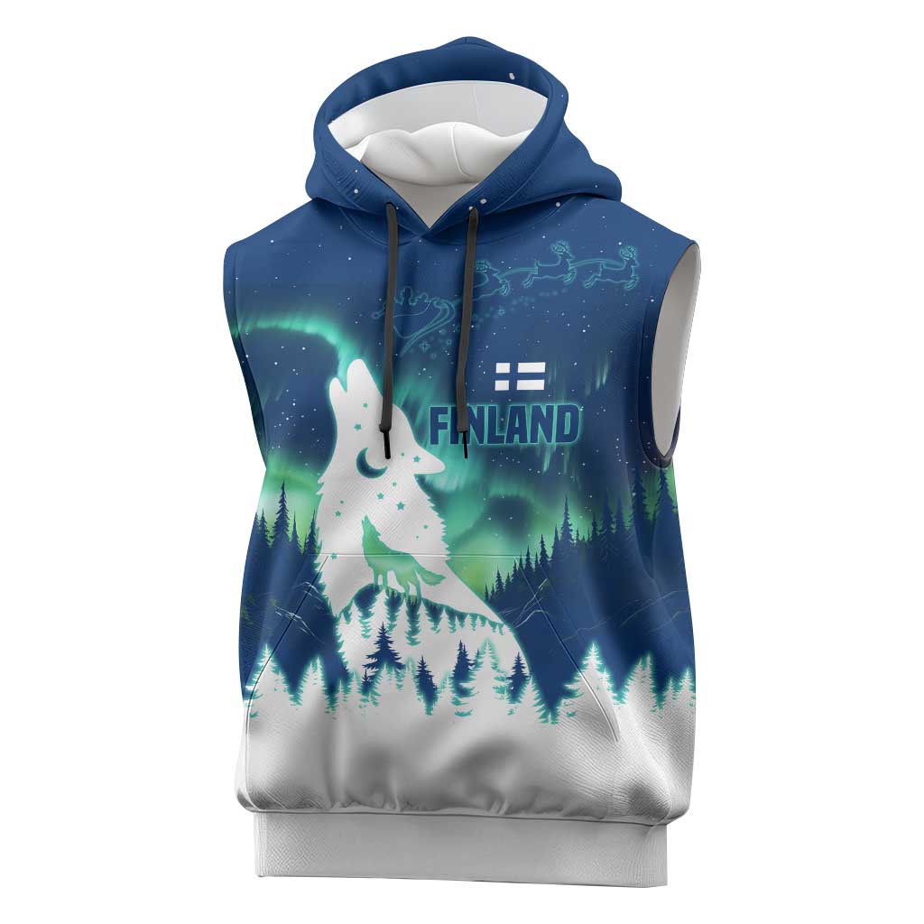 Finland Christmas Sleeveless Hoodie with Howling Wolf Northern Lights Forest and Snow Design - Wonder Print Shop