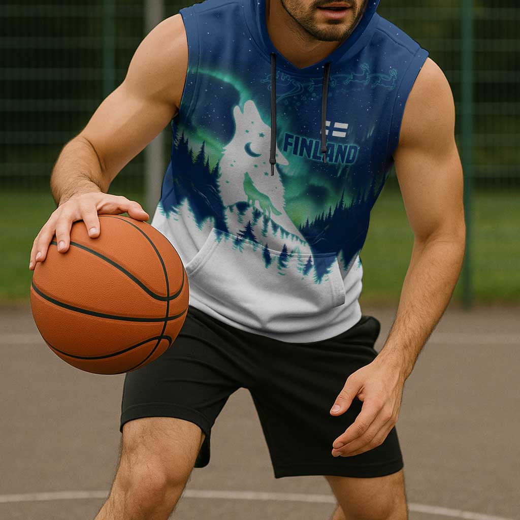 Finland Christmas Sleeveless Hoodie with Howling Wolf Northern Lights Forest and Snow Design - Wonder Print Shop