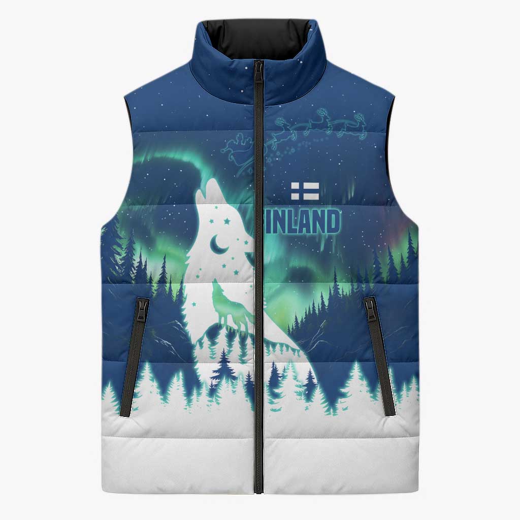 Finland Christmas Sleeveless Puffer Jacket with Howling Wolf Northern Lights Forest and Snow Design - Wonder Print Shop