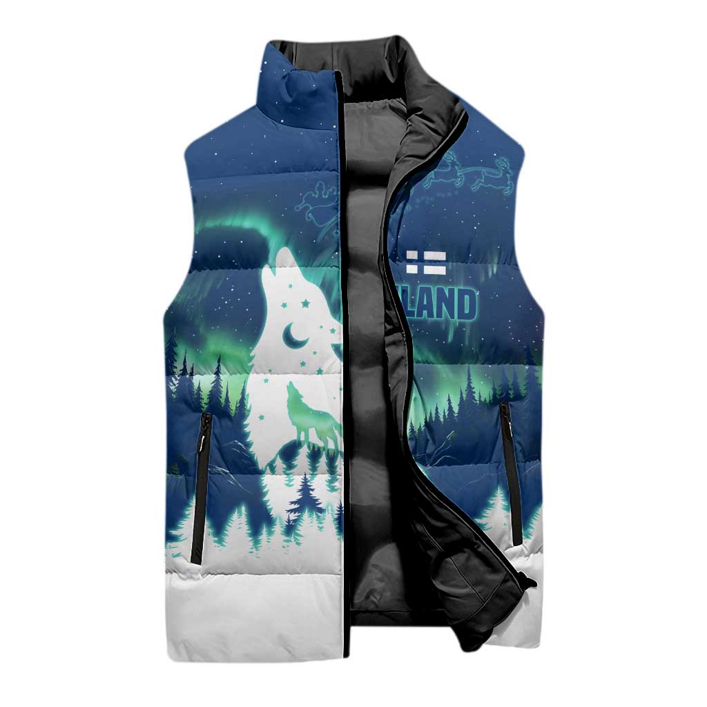Finland Christmas Sleeveless Puffer Jacket with Howling Wolf Northern Lights Forest and Snow Design - Wonder Print Shop
