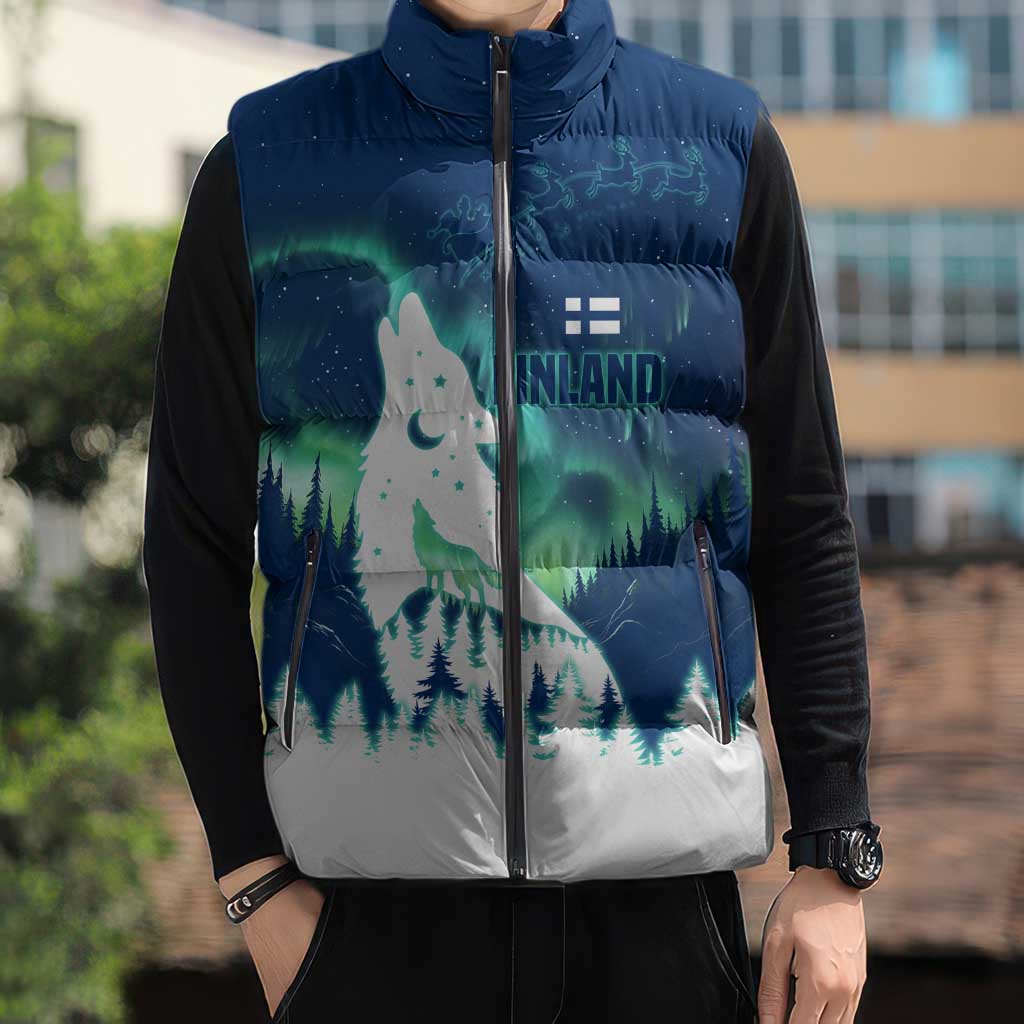 Finland Christmas Sleeveless Puffer Jacket with Howling Wolf Northern Lights Forest and Snow Design - Wonder Print Shop
