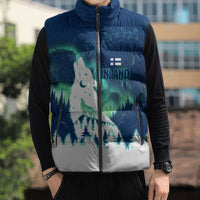 Finland Christmas Sleeveless Puffer Jacket with Howling Wolf Northern Lights Forest and Snow Design - Wonder Print Shop