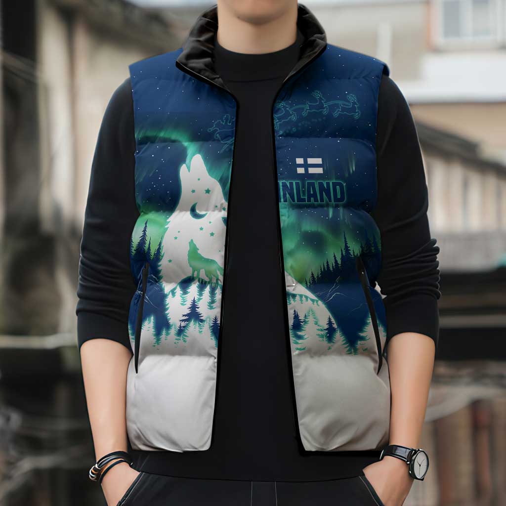 Finland Christmas Sleeveless Puffer Jacket with Howling Wolf Northern Lights Forest and Snow Design - Wonder Print Shop