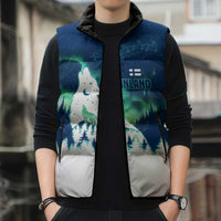 Finland Christmas Sleeveless Puffer Jacket with Howling Wolf Northern Lights Forest and Snow Design - Wonder Print Shop