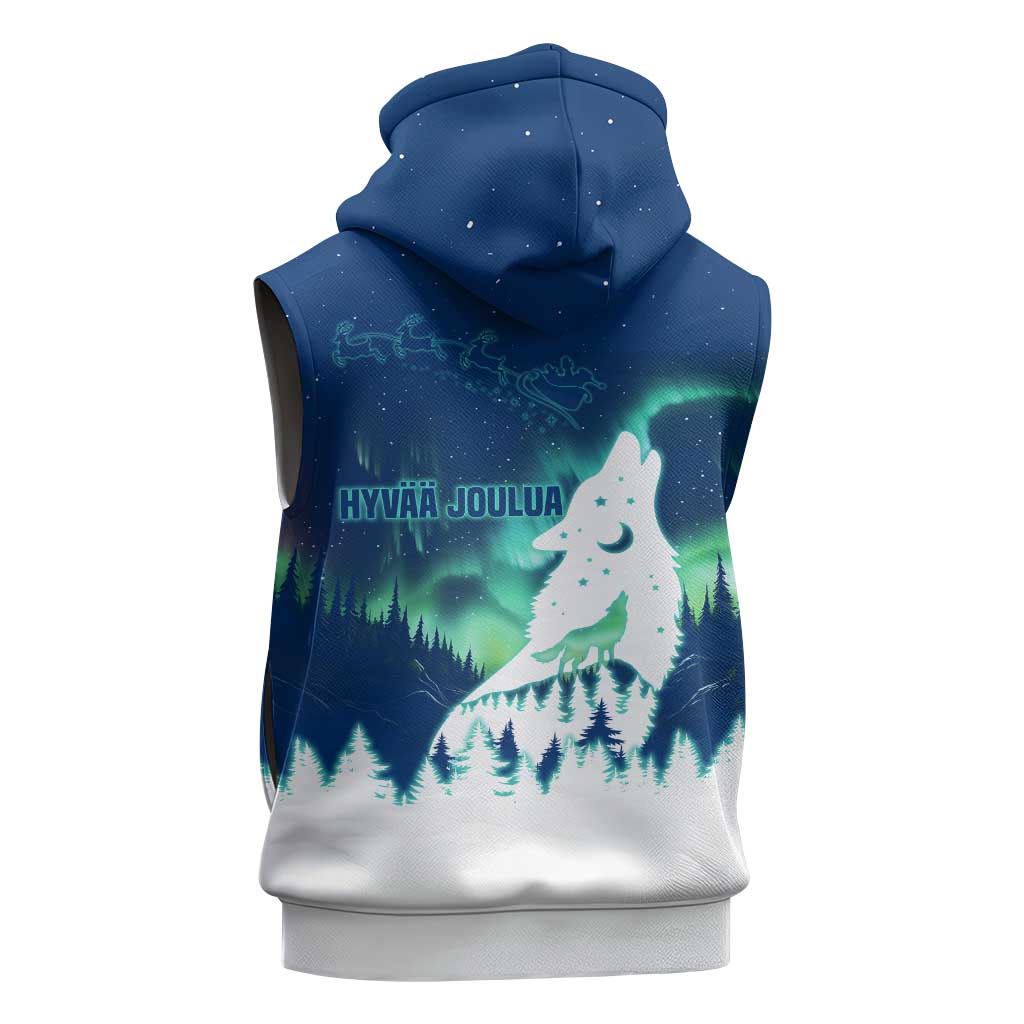 Finland Christmas Sleeveless Zip Hoodie with Howling Wolf Northern Lights Forest and Snow Design - Wonder Print Shop