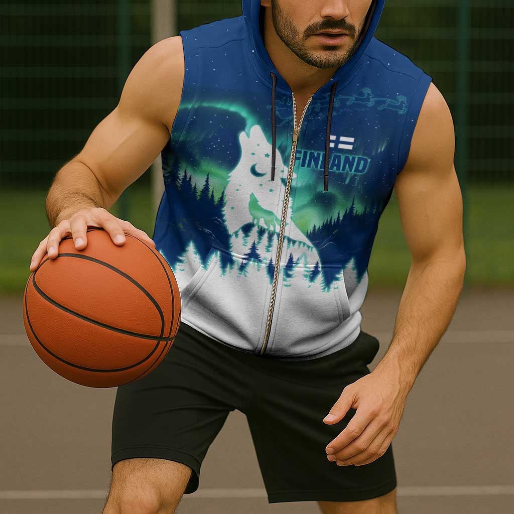 Finland Christmas Sleeveless Zip Hoodie with Howling Wolf Northern Lights Forest and Snow Design - Wonder Print Shop