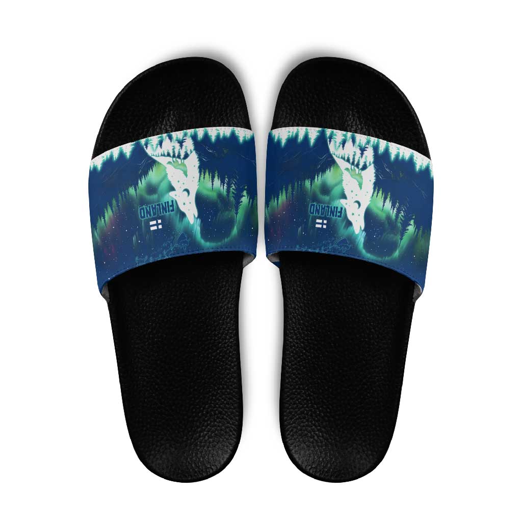 Finland Christmas Slide Sandals with Howling Wolf Northern Lights Forest and Snow Design - Wonder Print Shop