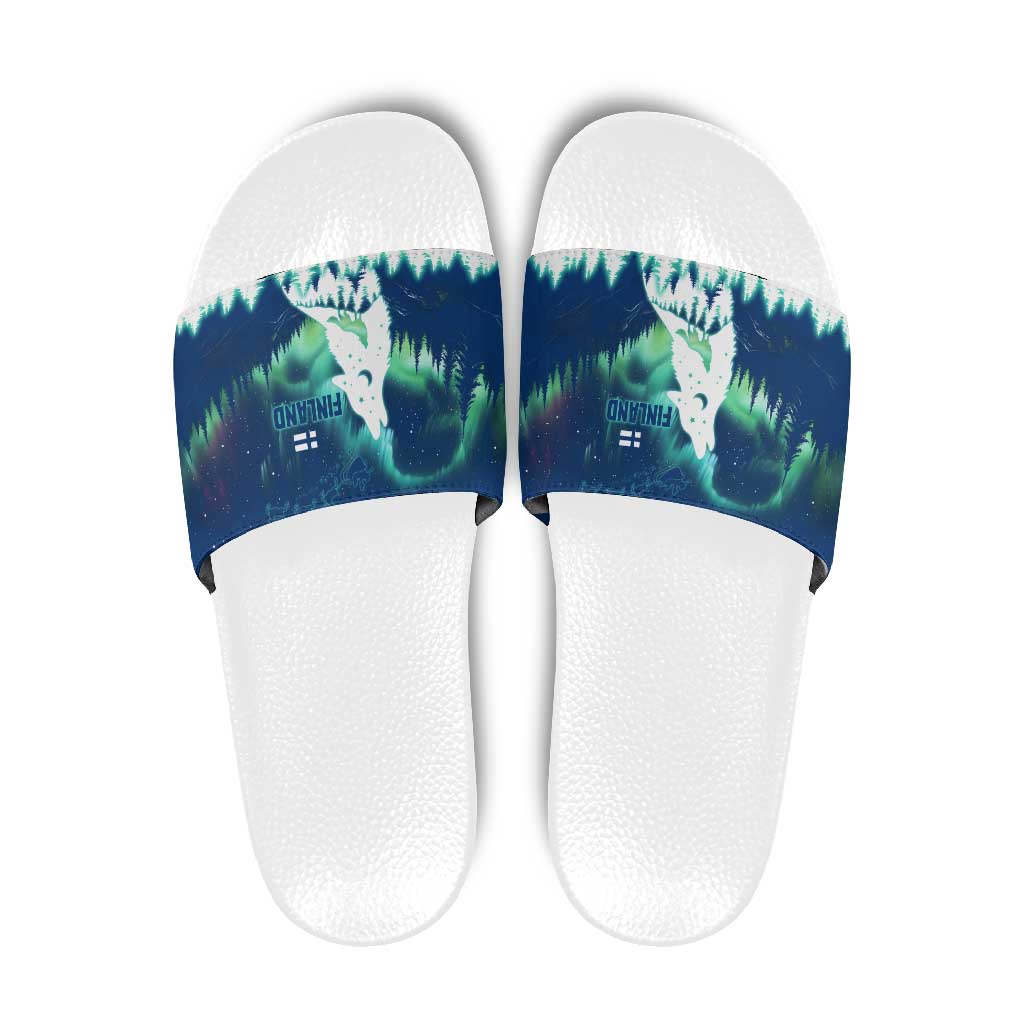 Finland Christmas Slide Sandals with Howling Wolf Northern Lights Forest and Snow Design - Wonder Print Shop