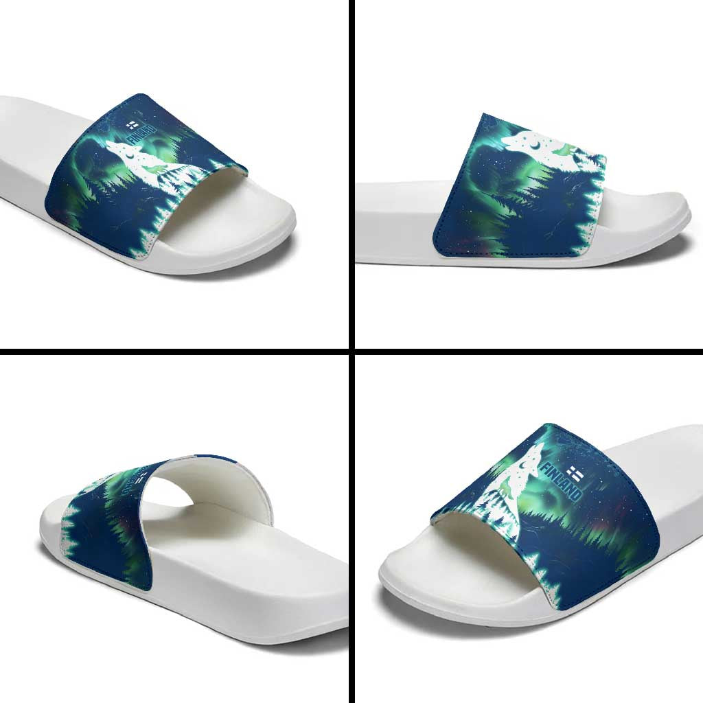 Finland Christmas Slide Sandals with Howling Wolf Northern Lights Forest and Snow Design - Wonder Print Shop