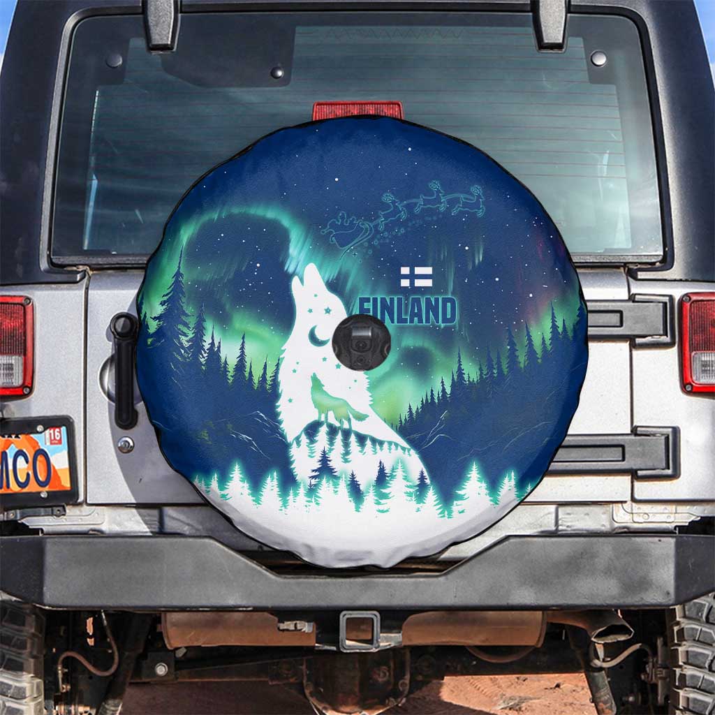 Finland Christmas Spare Tire Cover with Howling Wolf Northern Lights Forest and Snow Design - Wonder Print Shop