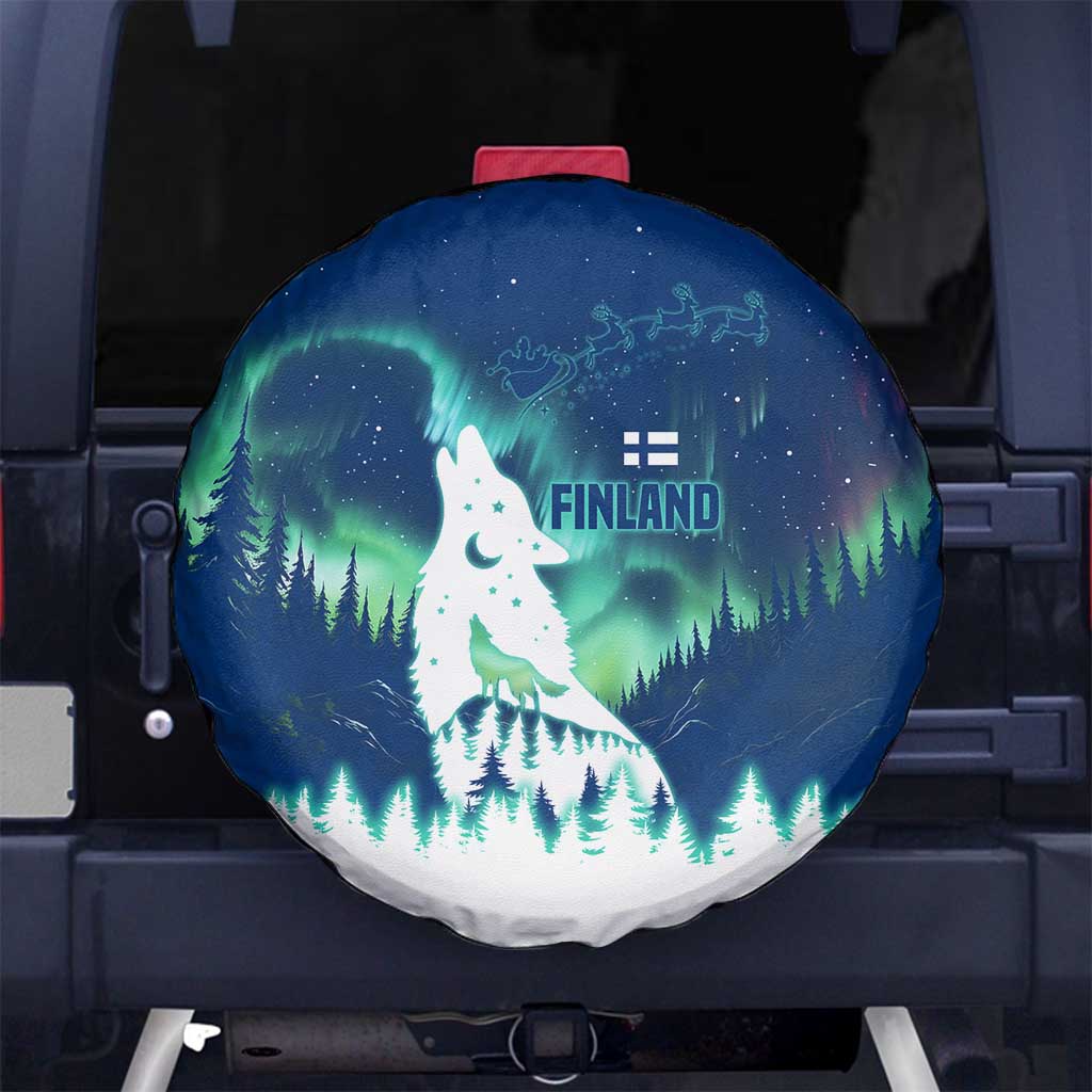 Finland Christmas Spare Tire Cover with Howling Wolf Northern Lights Forest and Snow Design - Wonder Print Shop