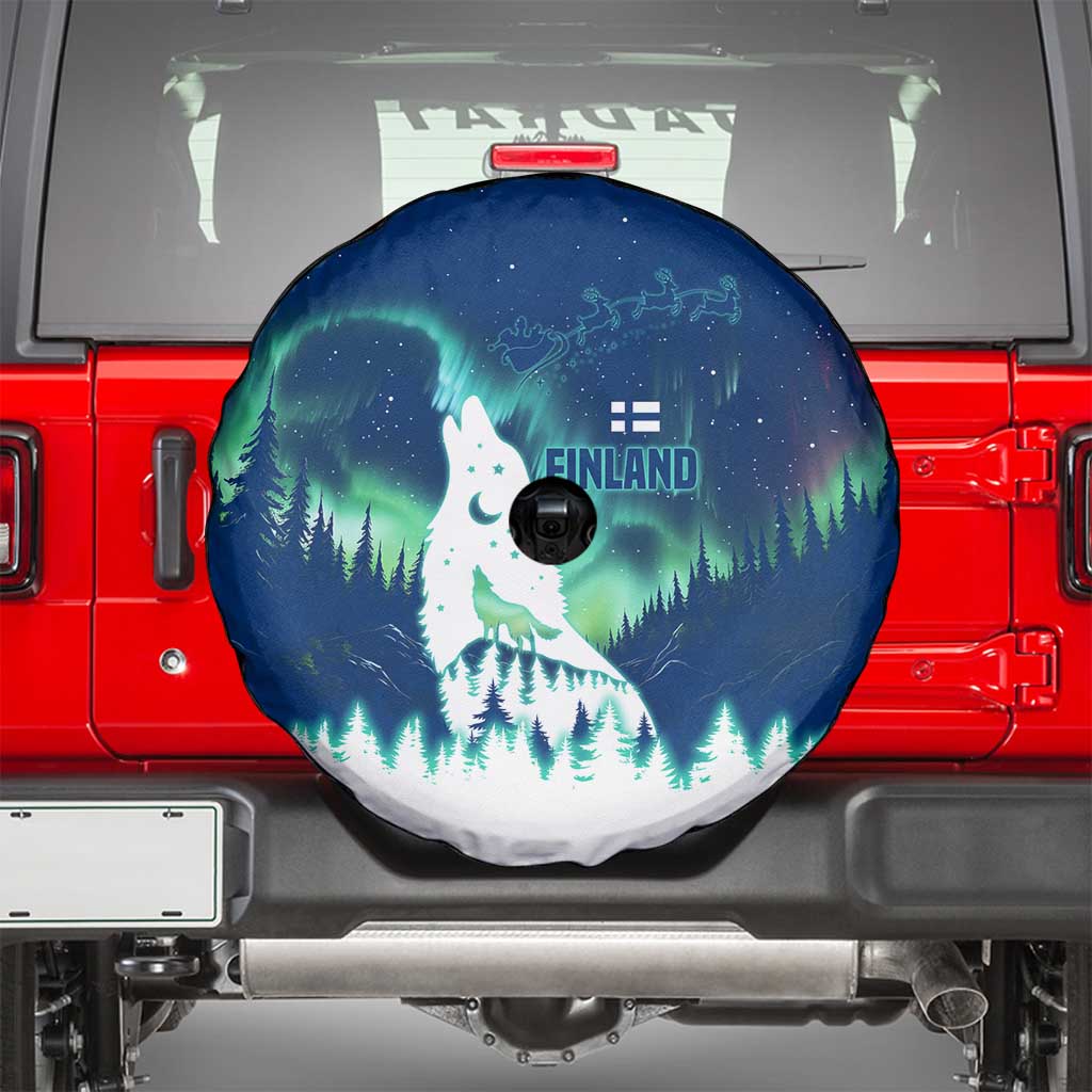 Finland Christmas Spare Tire Cover with Howling Wolf Northern Lights Forest and Snow Design - Wonder Print Shop